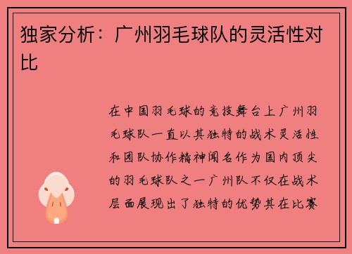 独家分析：广州羽毛球队的灵活性对比